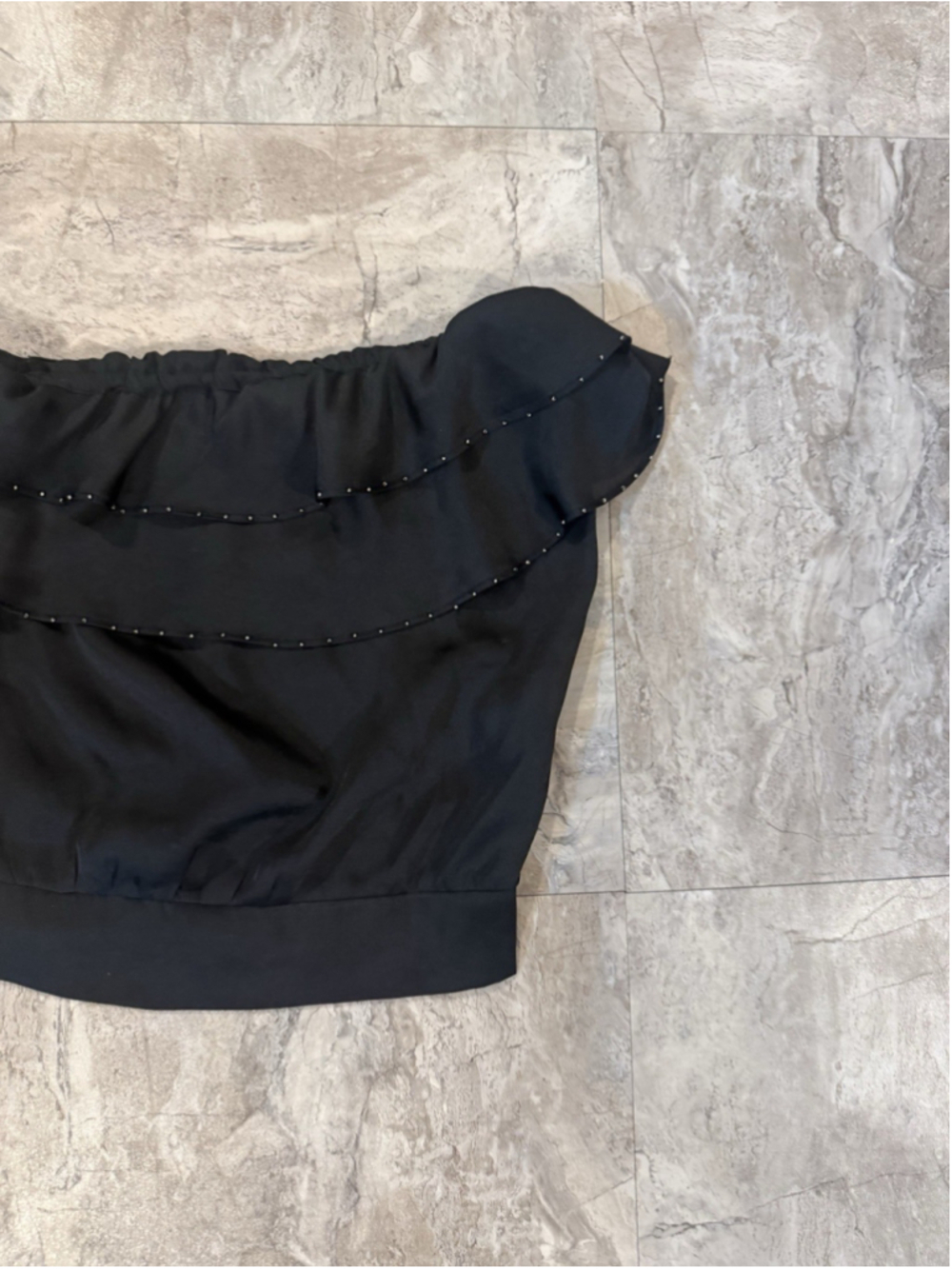 Rampage Black Strapless Flowy Beaded Open Back Crop Top Sz S